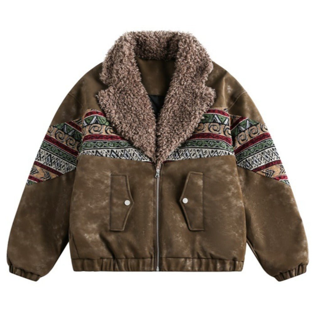Ethnic Tribal Print Sherpa Collar Suede Jacket - Thrashink