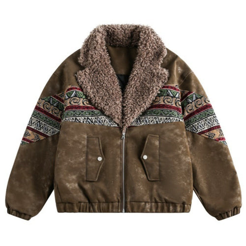 Ethnic Tribal Print Sherpa Collar Suede Jacket - Thrashink