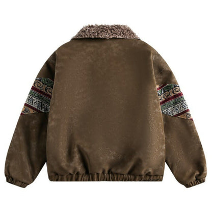 Ethnic Tribal Print Sherpa Collar Suede Jacket - Thrashink