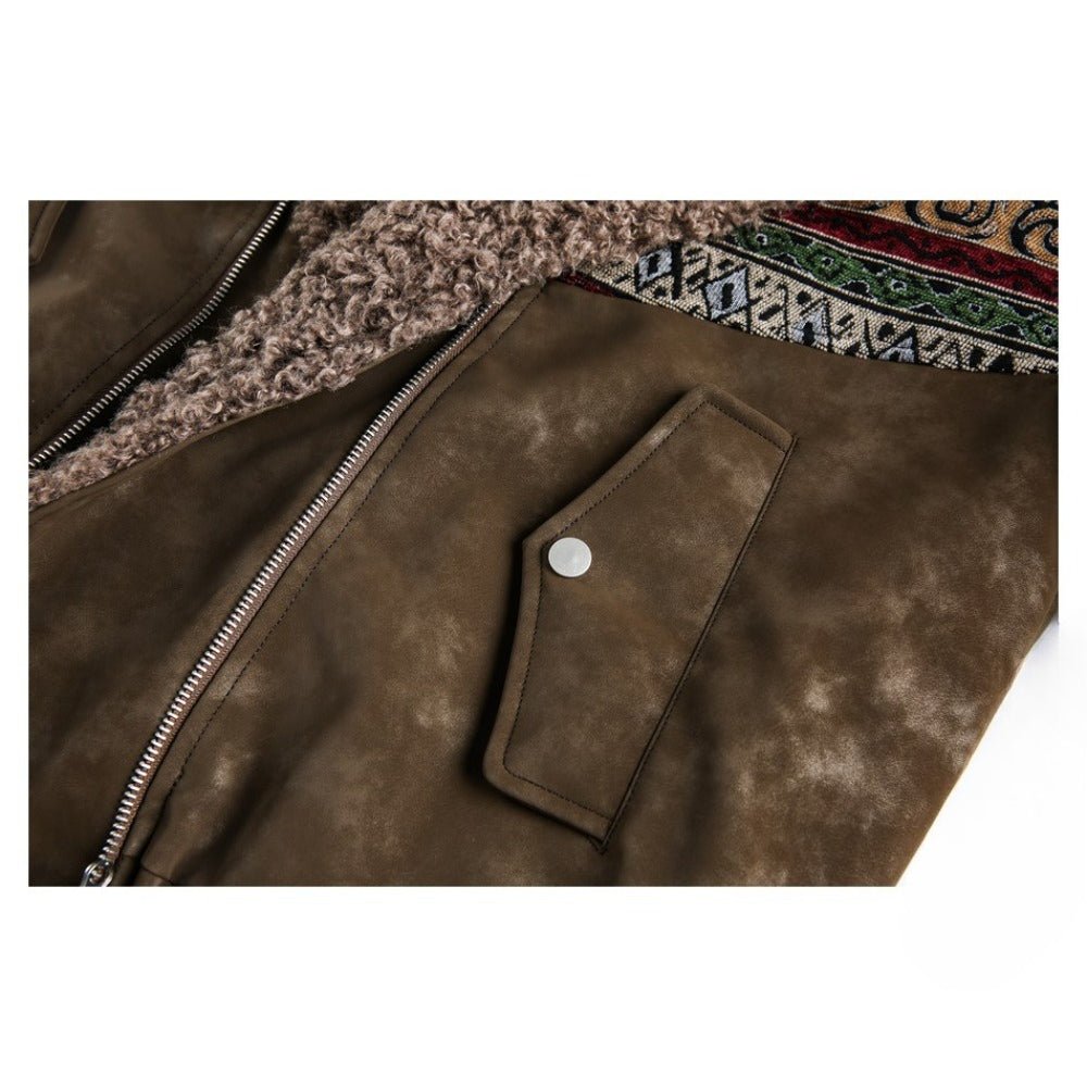Ethnic Tribal Print Sherpa Collar Suede Jacket - Thrashink