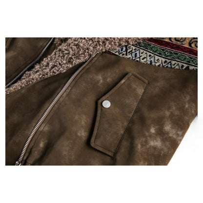 Ethnic Tribal Print Sherpa Collar Suede Jacket - Thrashink