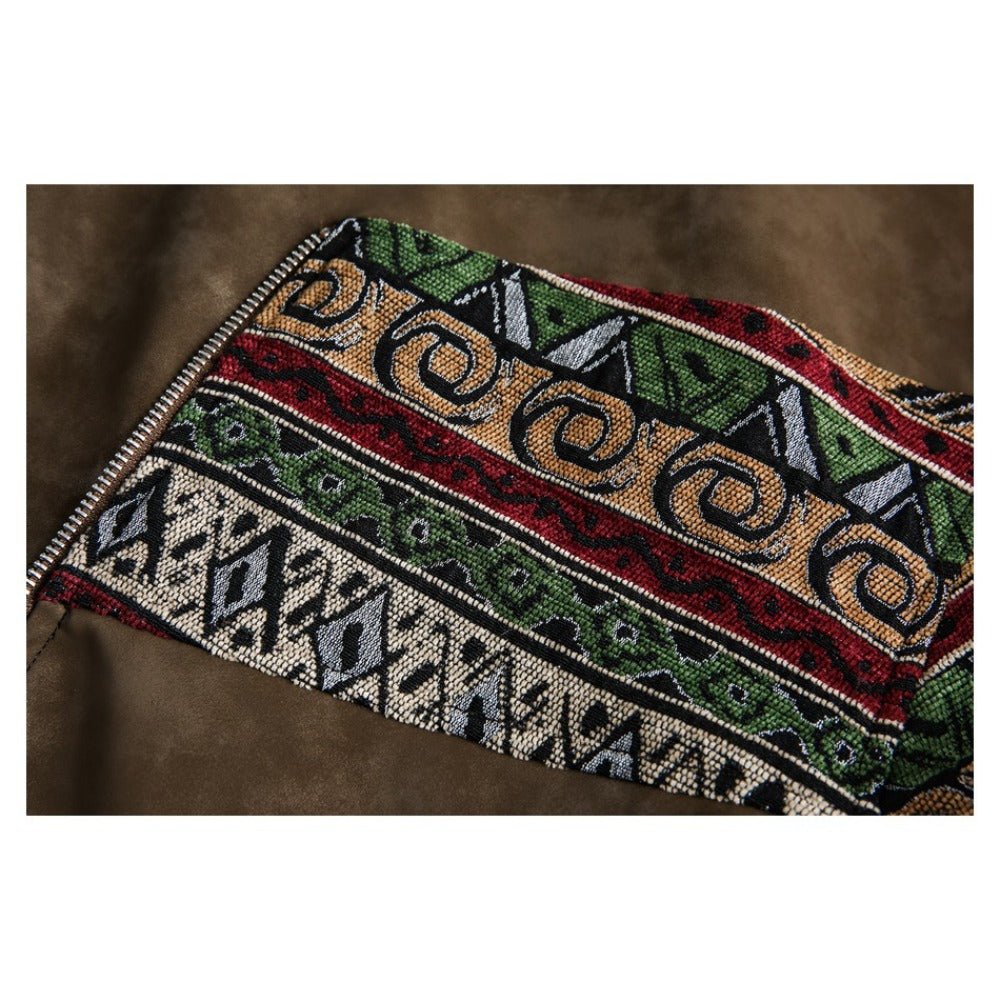 Ethnic Tribal Print Sherpa Collar Suede Jacket - Thrashink