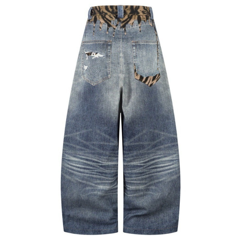 3D Digital Tiger Print Spliced Baggy Jeans