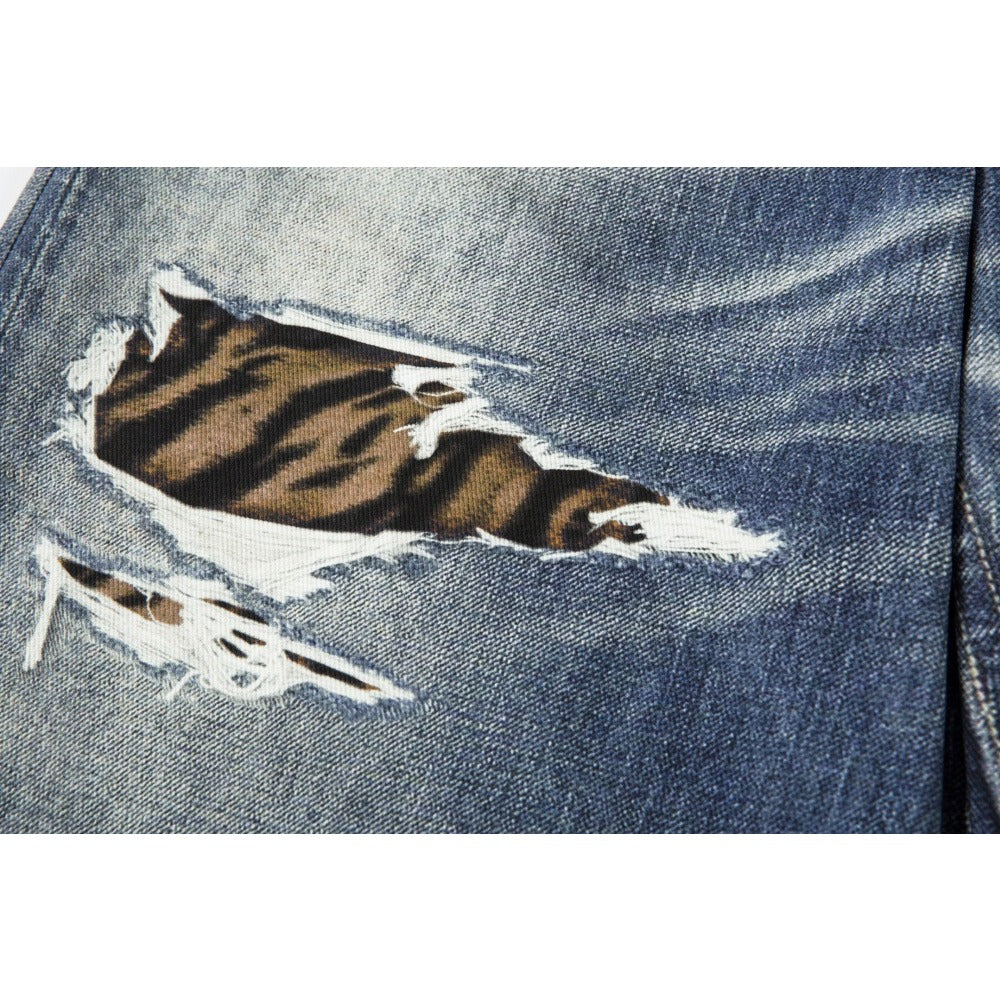 3D Digital Tiger Print Spliced Baggy Jeans