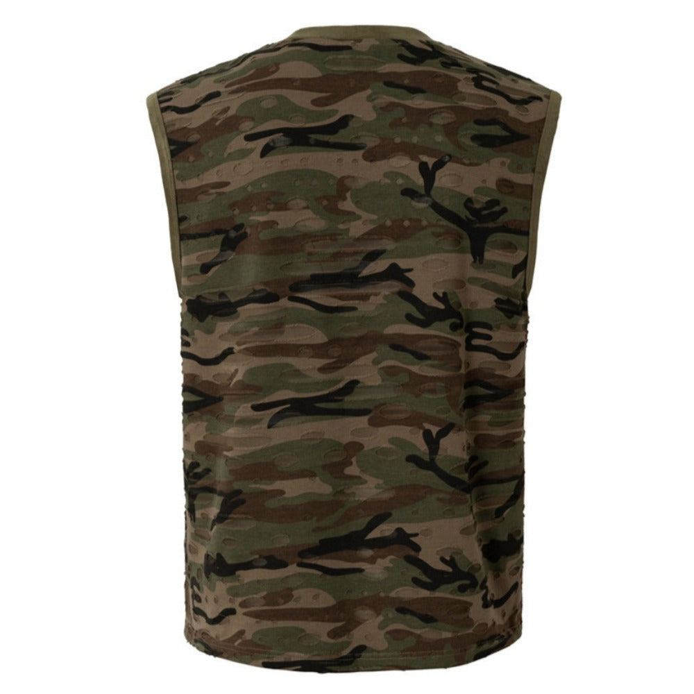 Distressed Camo Textured Sleeveless Vest