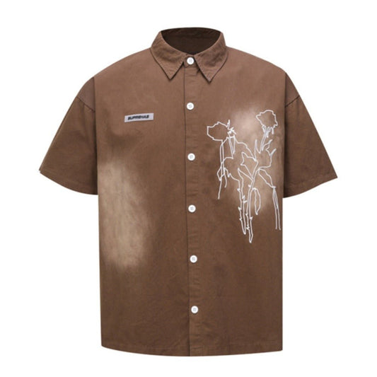 Fade Sketch Flora Embroidered Pattern Shirt - Thrashink