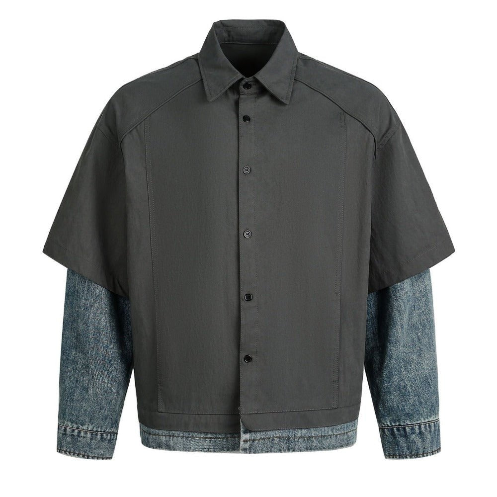 Fake Two - piece Denim Patchwork Shirt - Thrashink