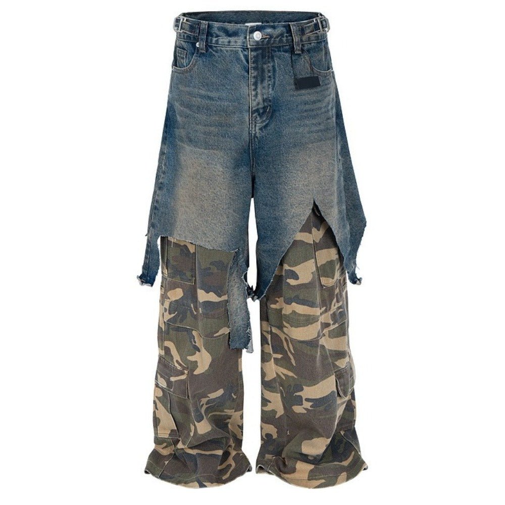 Fake Two - piece Distressed Camouflage Cargo Pants - Thrashink