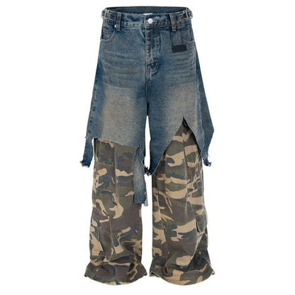 Fake Two - piece Distressed Camouflage Cargo Pants - Thrashink