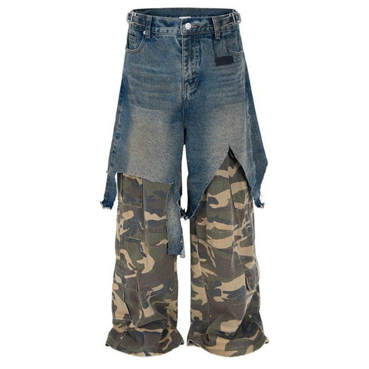 Fake Two - piece Distressed Camouflage Cargo Pants - Thrashink