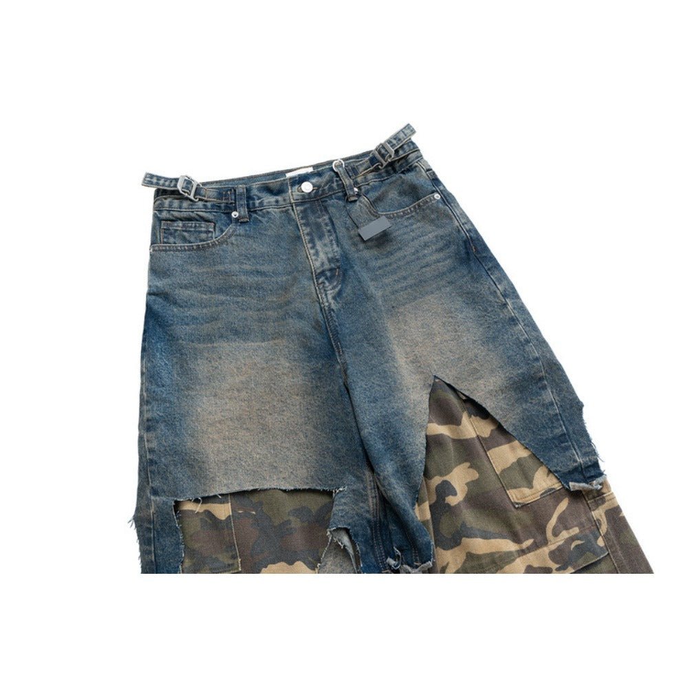 Fake Two - piece Distressed Camouflage Cargo Pants - Thrashink