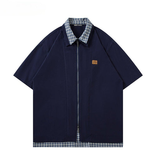 Fake Two Piece Zipper Short Sleeve Shirt - Thrashink