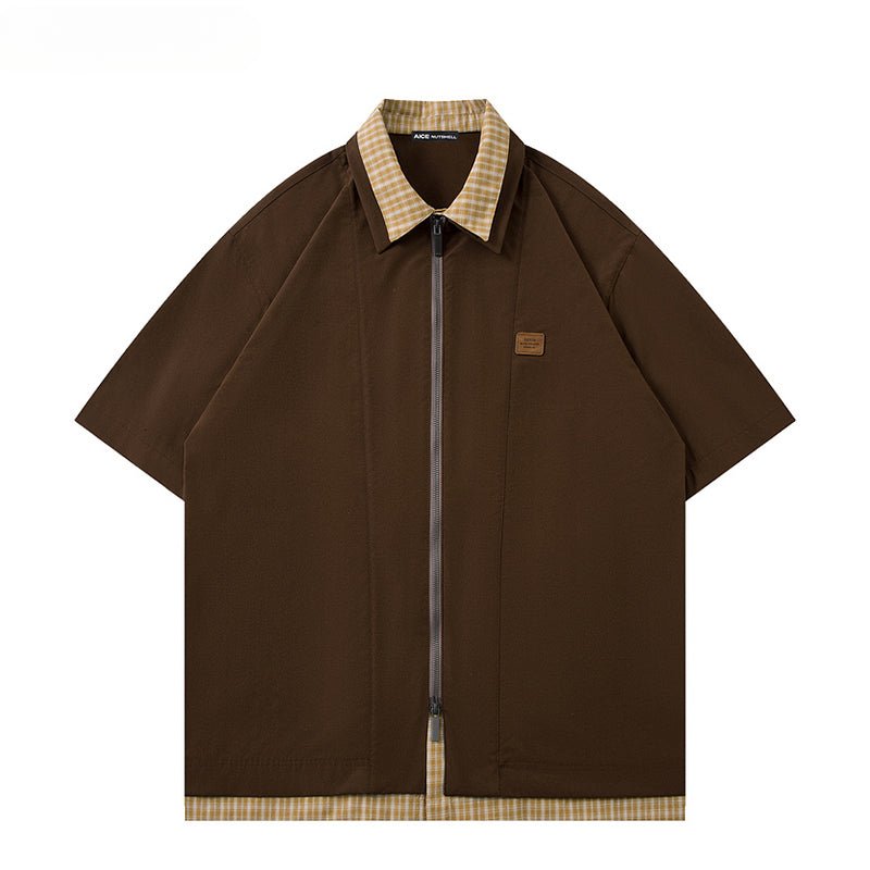 Fake Two Piece Zipper Short Sleeve Shirt - Thrashink