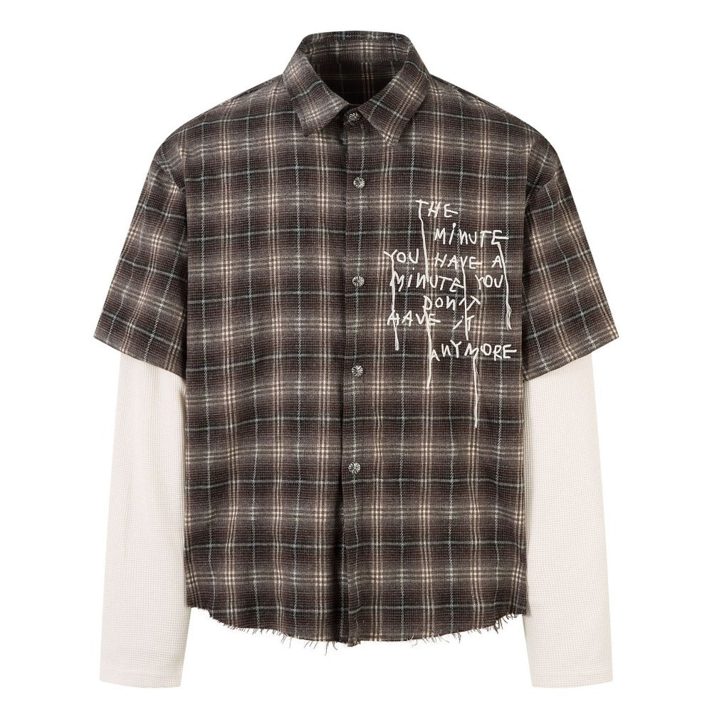 Fake Two Pieces Frayed Plaid Shirt - Thrashink