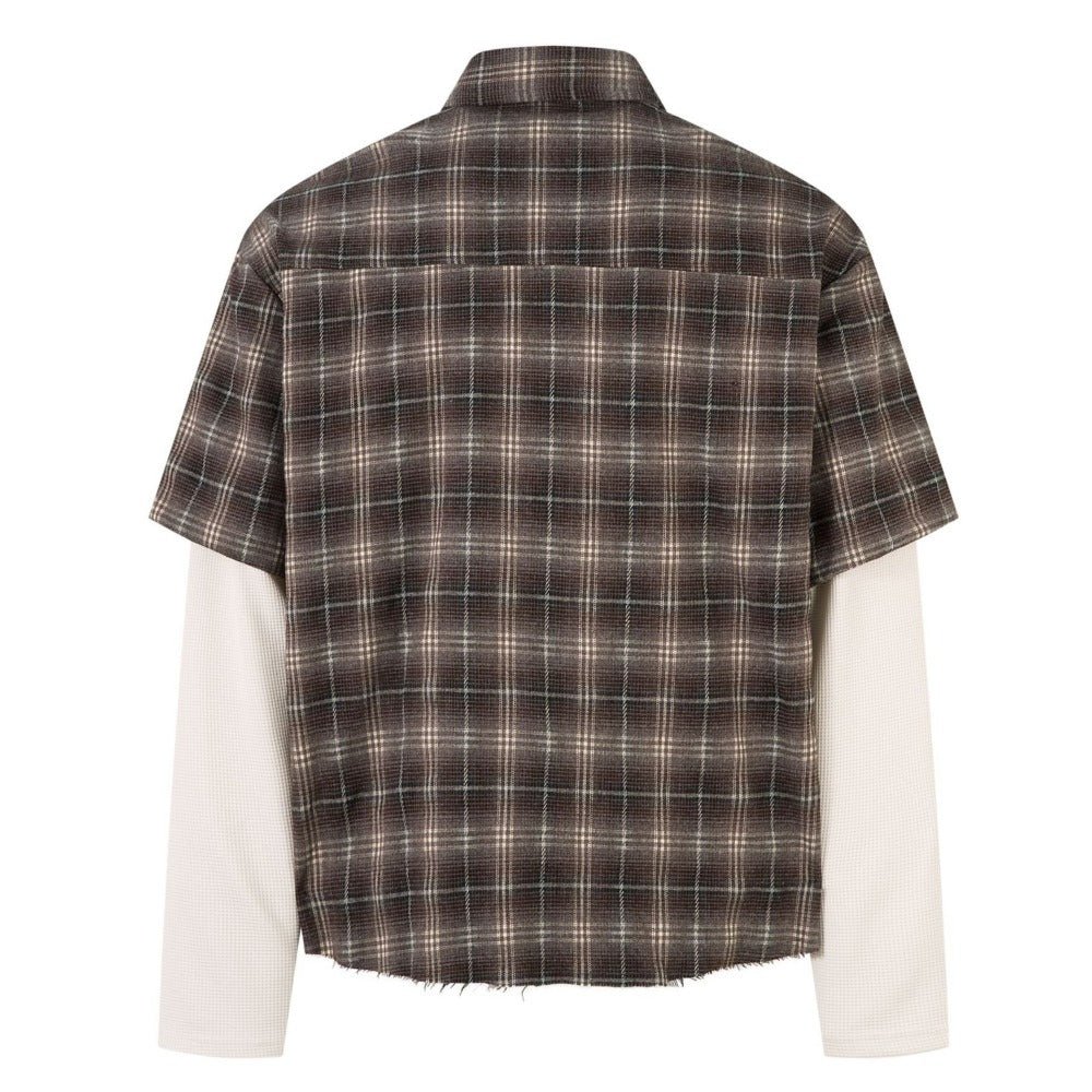 Fake Two Pieces Frayed Plaid Shirt - Thrashink