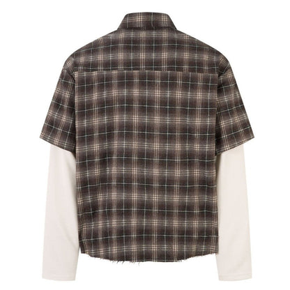 Fake Two Pieces Frayed Plaid Shirt - Thrashink