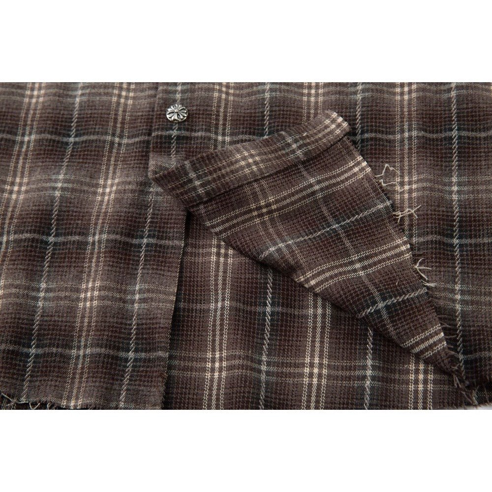 Fake Two Pieces Frayed Plaid Shirt - Thrashink