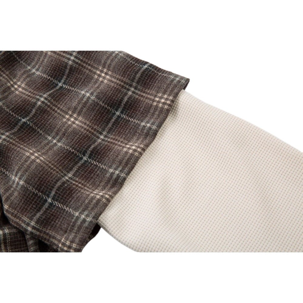 Fake Two Pieces Frayed Plaid Shirt - Thrashink