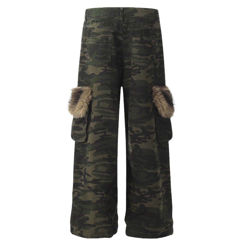 Faux Fur Accented Camouflage Cargo Pants - Thrashink