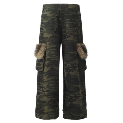Faux Fur Accented Camouflage Cargo Pants - Thrashink