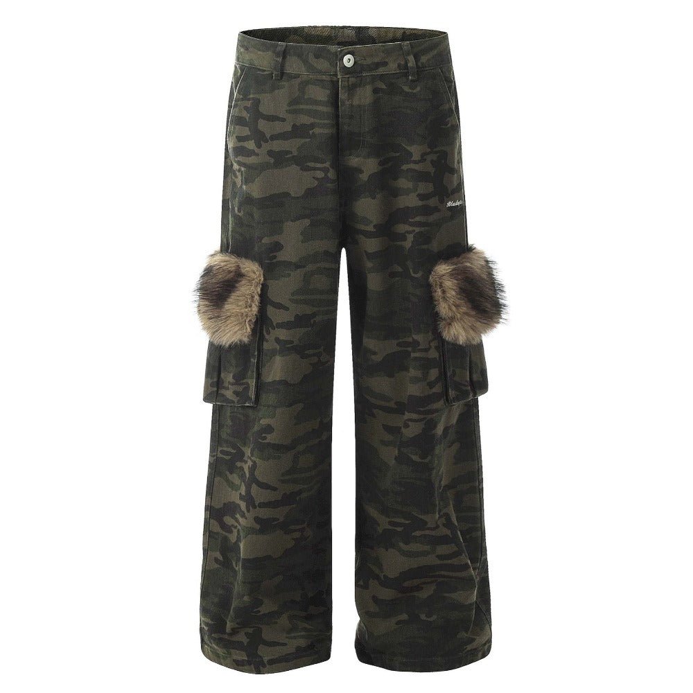 Faux Fur Accented Camouflage Cargo Pants - Thrashink