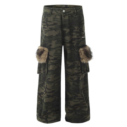 Faux Fur Accented Camouflage Cargo Pants - Thrashink