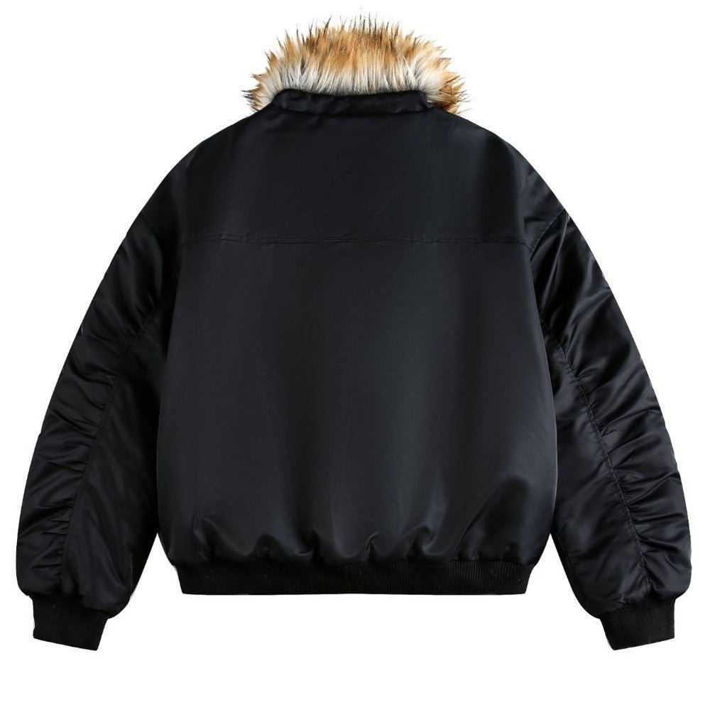 Faux Fur Trimmed Black Cotton Padded Jacket - Thrashink