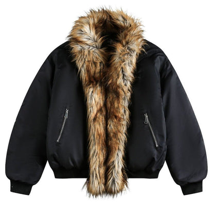 Faux Fur Trimmed Black Cotton Padded Jacket - Thrashink