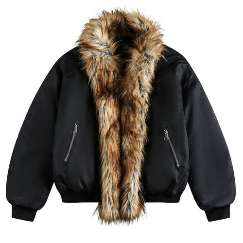 Faux Fur Trimmed Black Cotton Padded Jacket - Thrashink
