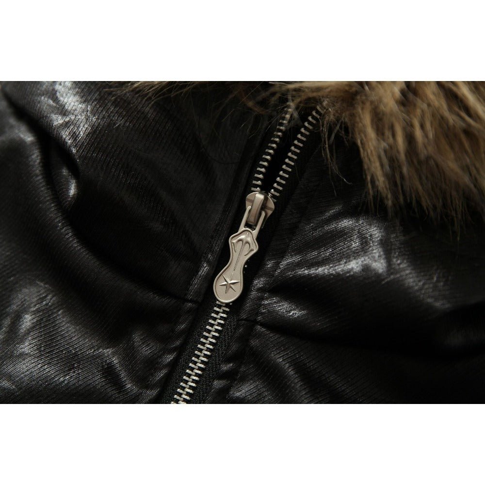 Faux Fur Trimmed Leather Hooded Padded Jacket - Thrashink