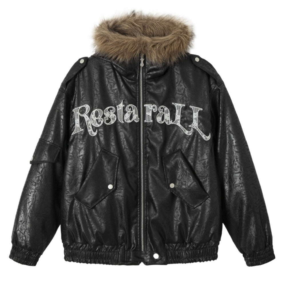 Faux Fur Trimmed Leather Hooded Padded Jacket - Thrashink