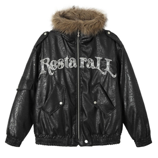 Faux Fur Trimmed Leather Hooded Padded Jacket - Thrashink