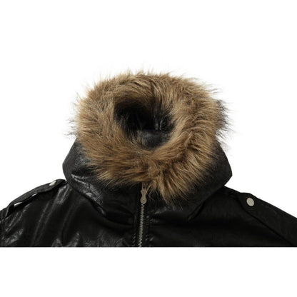 Faux Fur Trimmed Leather Hooded Padded Jacket - Thrashink