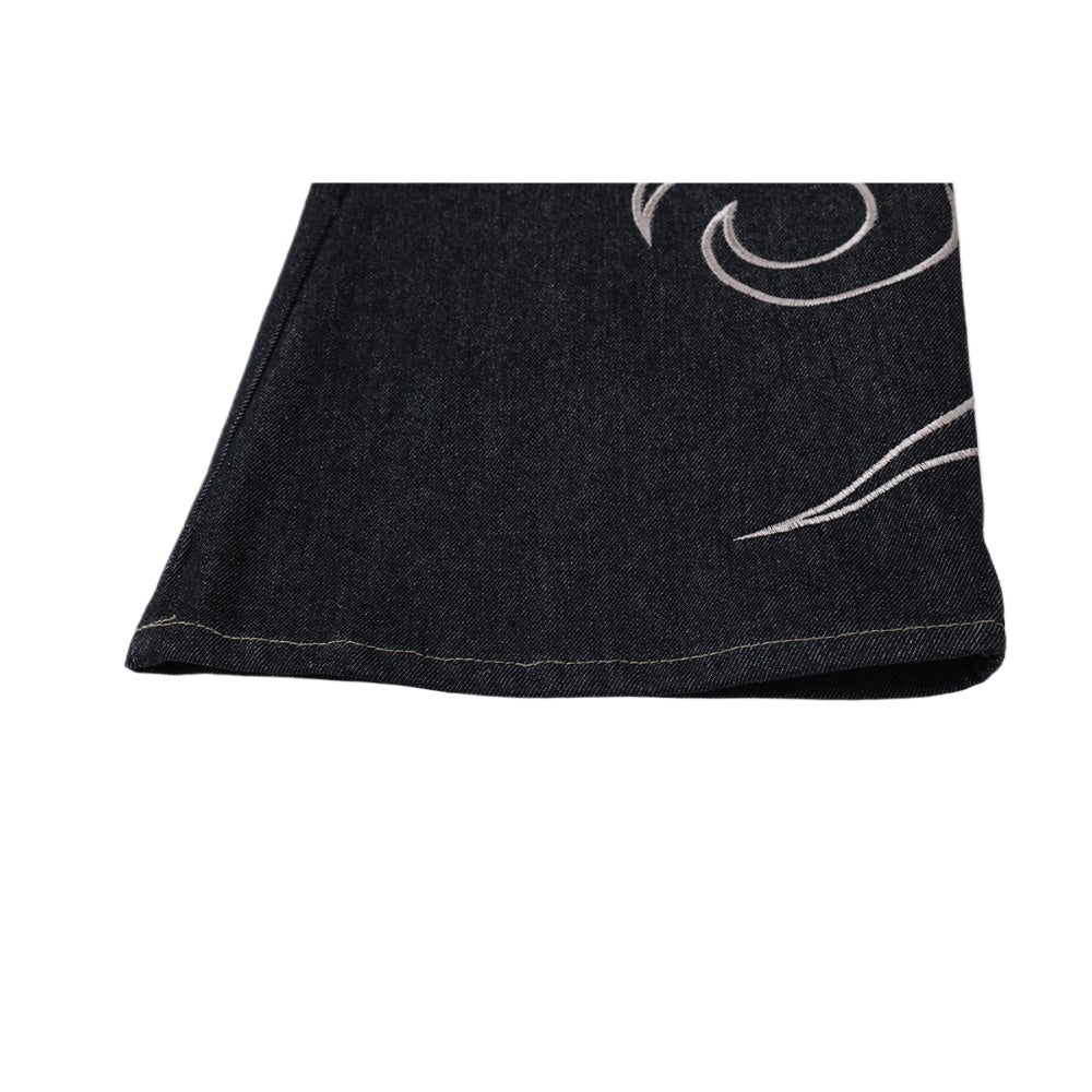 Flame Embroidered Tribal Baggy Jeans - Thrashink