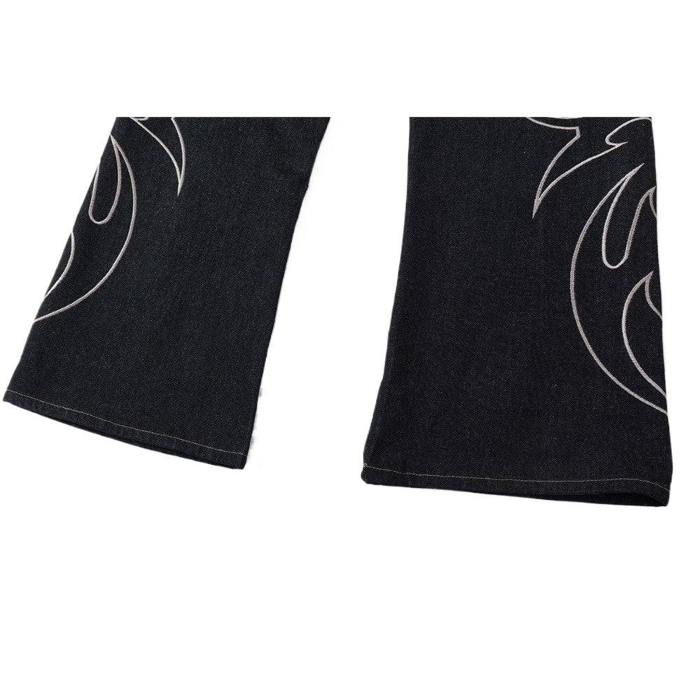Flame Embroidered Tribal Baggy Jeans - Thrashink