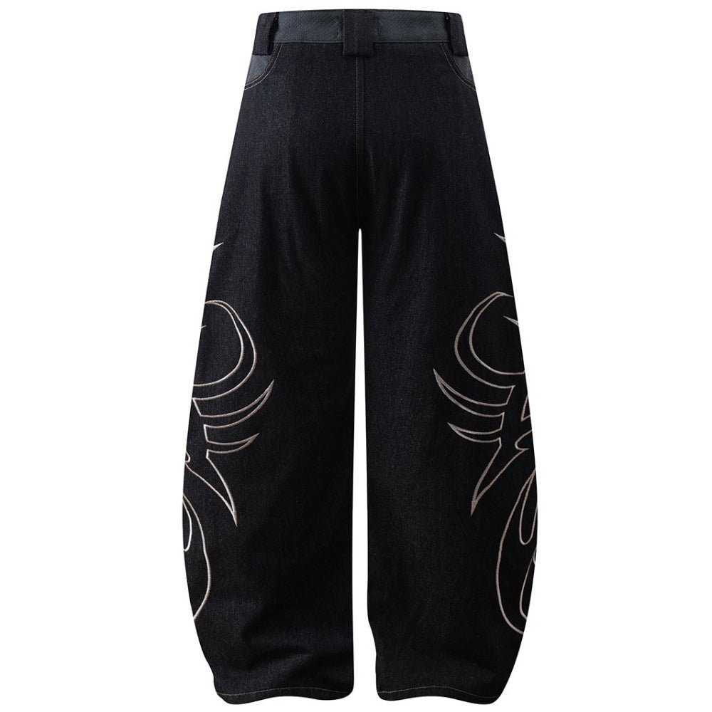 Flame Embroidered Tribal Baggy Jeans - Thrashink