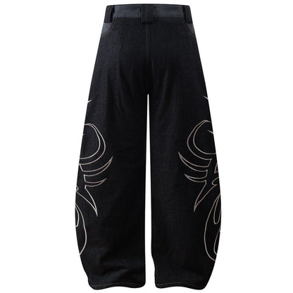 Flame Embroidered Tribal Baggy Jeans - Thrashink