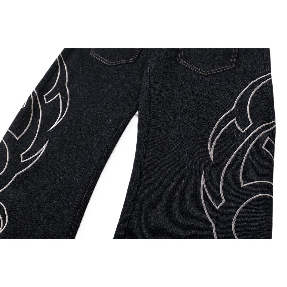 Flame Embroidered Tribal Baggy Jeans - Thrashink