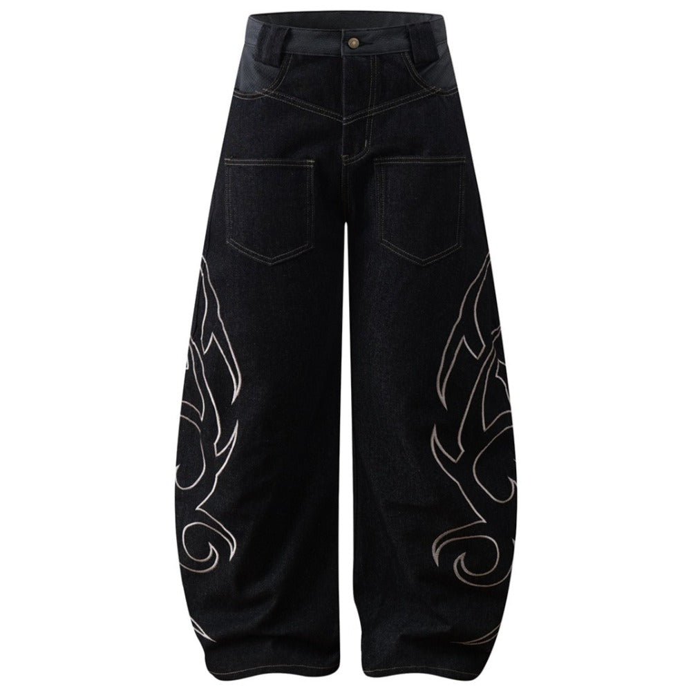 Flame Embroidered Tribal Baggy Jeans - Thrashink