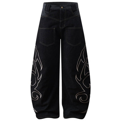 Flame Embroidered Tribal Baggy Jeans - Thrashink