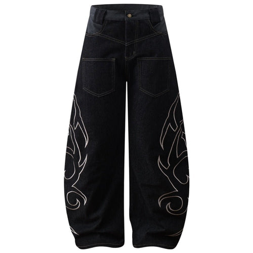 Flame Embroidered Tribal Baggy Jeans - Thrashink