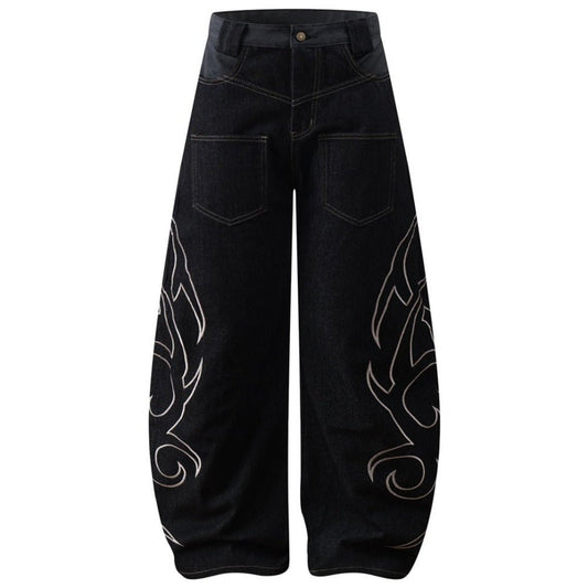 Flame Embroidered Tribal Baggy Jeans - Thrashink