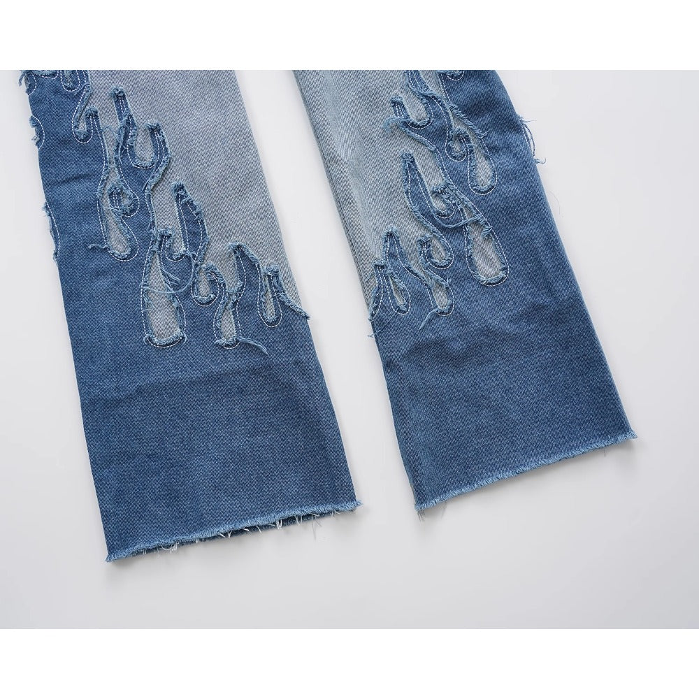 Flame Patchwork Hem Frayed Jeans - Thrashink