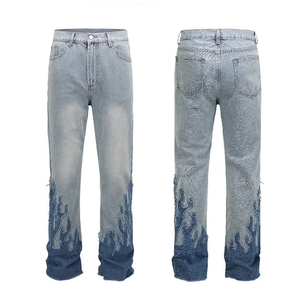 Flame Patchwork Hem Frayed Jeans - Thrashink
