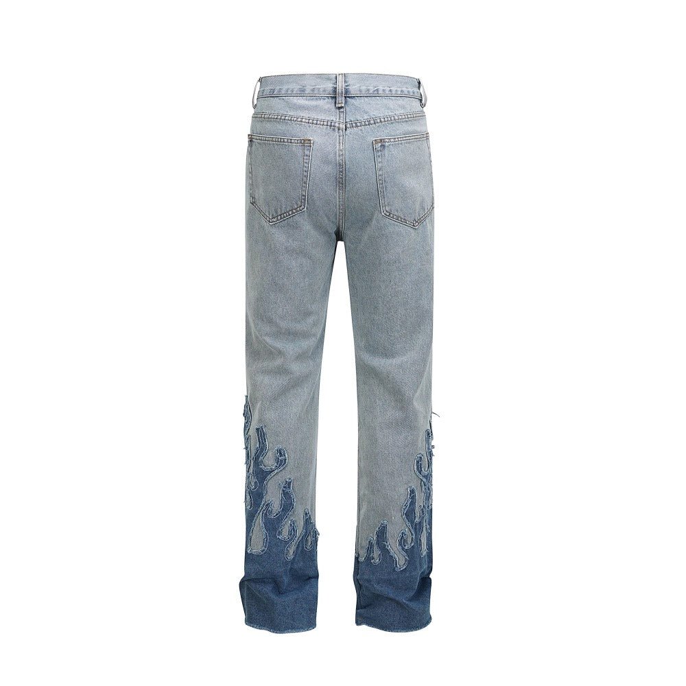 Flame Patchwork Hem Frayed Jeans - Thrashink