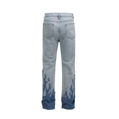 Flame Patchwork Hem Frayed Jeans - Thrashink