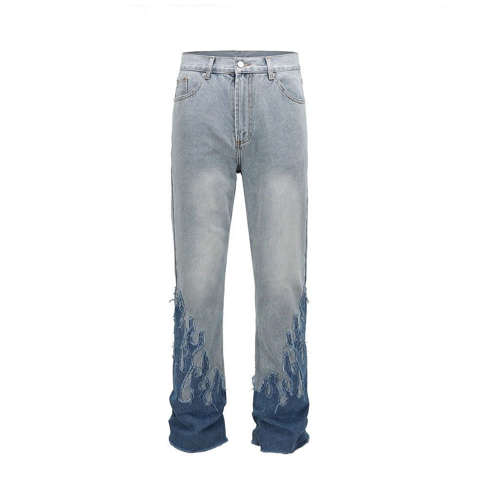 Flame Patchwork Hem Frayed Jeans - Thrashink