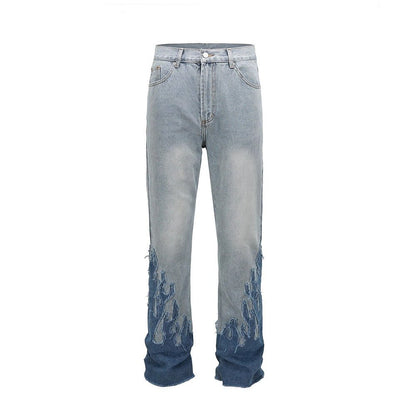 Flame Patchwork Hem Frayed Jeans - Thrashink