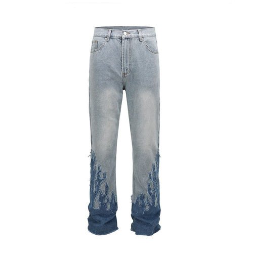 Flame Patchwork Hem Frayed Jeans - Thrashink