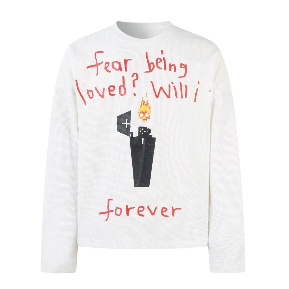 Flame Shaped Text Printed Long Sleeved T-Shirt - Thrashink